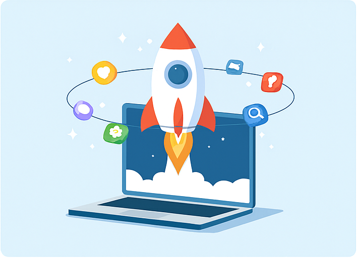 Rocket launching from laptop with indie app icons orbiting