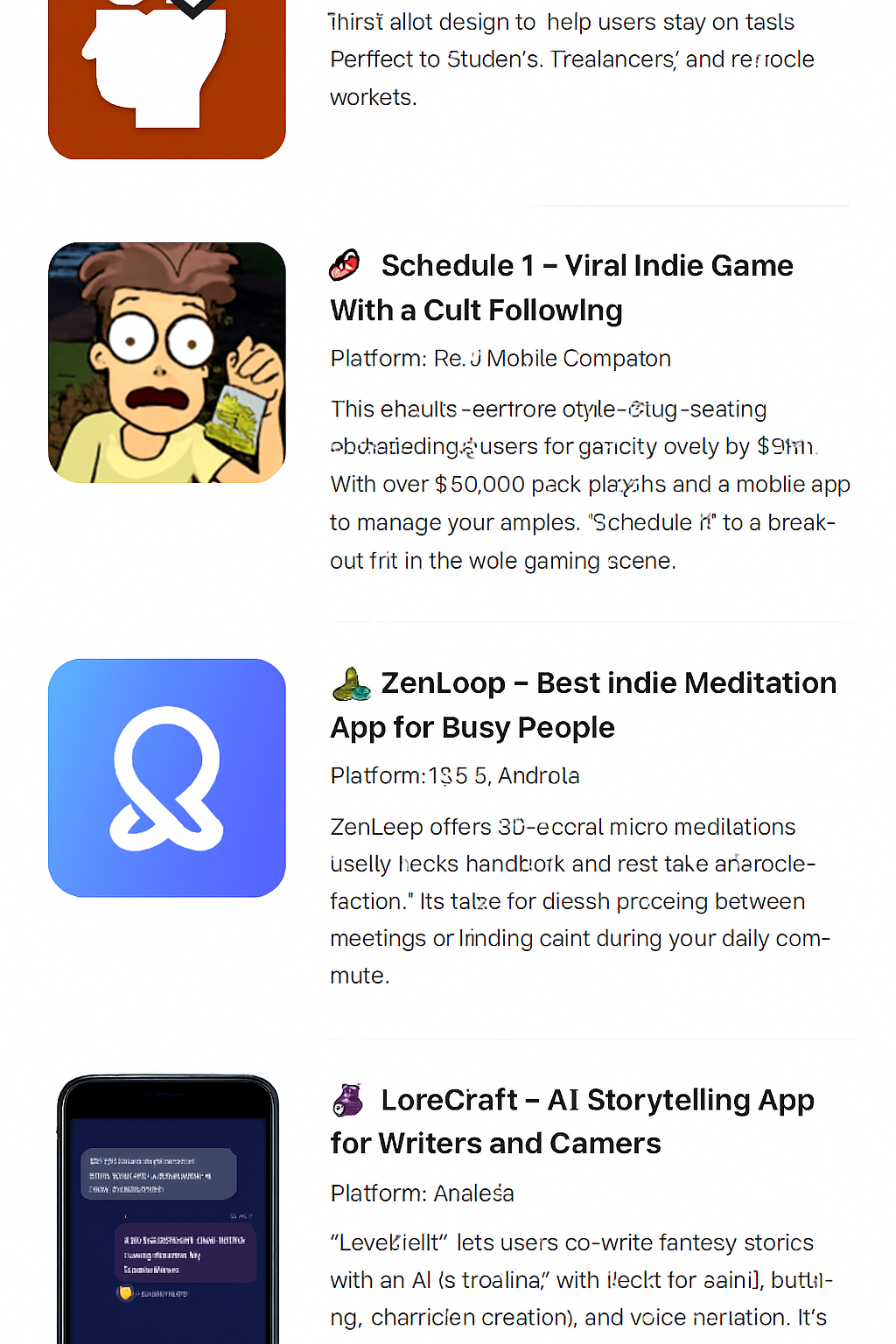 Collage showcasing top indie apps 2025 including Focus Friend, Schedule 1, ZenLoop, LoreCraft, and PalettePop

