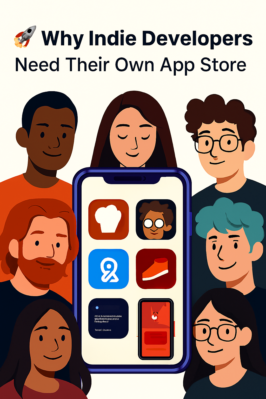 Illustration of indie developers collaborating in a creative workspace for an indie app store